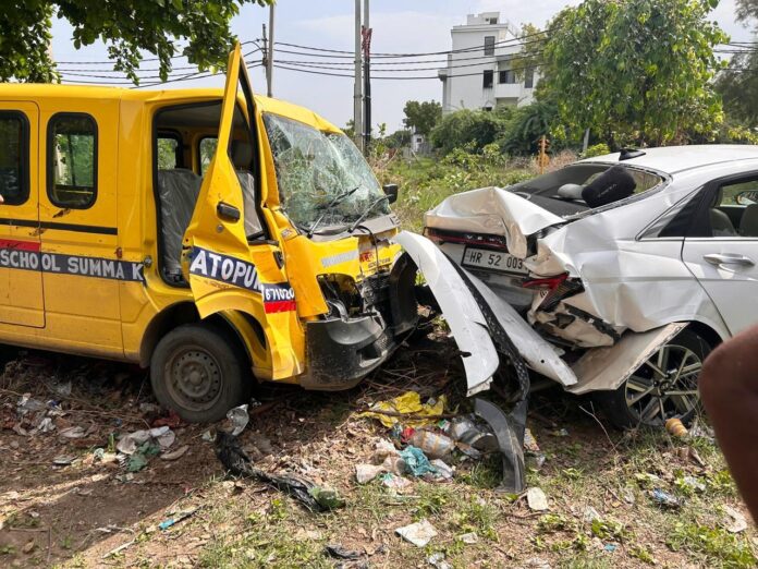 School van collides with car parked on the roadside, driver and eight students injured