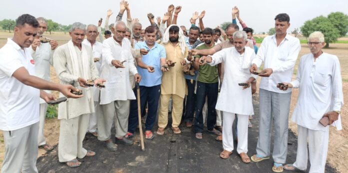 Villagers raised slogans, SDO, contractor arrived and assured to use quality construction material.