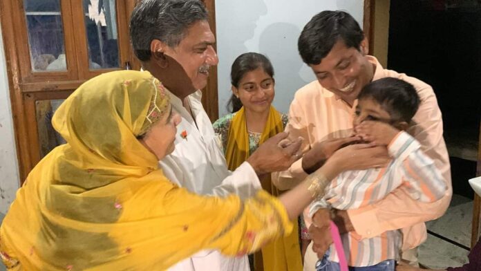 On the child's birthday, the former MLA along with his wife arrived to give blessings