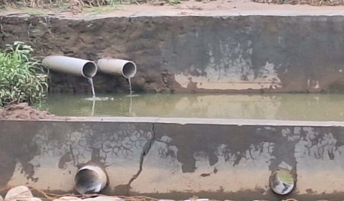 Polluted and smelly water of drain flowing into the pond