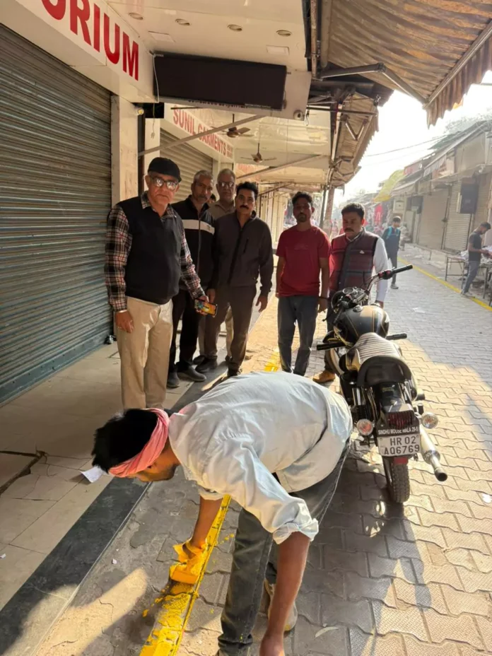 After the arson incident, a yellow strip was put up in Mirabai Bazaar