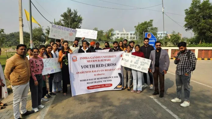 Students made aware of traffic rules through road awareness rally.