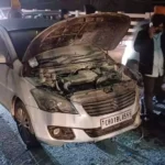 A sudden fire broke out in a Ciaz car moving on Derabassi Railway Overbridge on Chandigarh Highway.