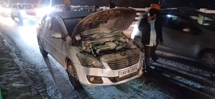 A sudden fire broke out in a Ciaz car moving on Derabassi Railway Overbridge on Chandigarh Highway.