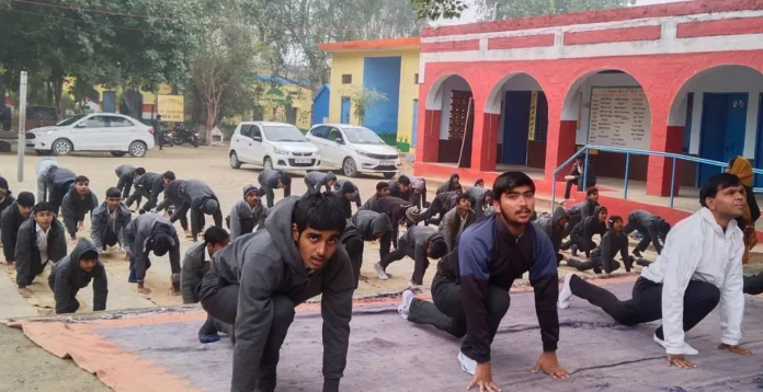 Practiced Surya Namaskar in Jhojhukalan school premises