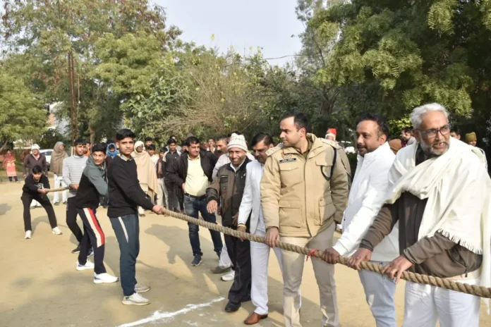 Tug of war competition organized by police department in village Sanwad