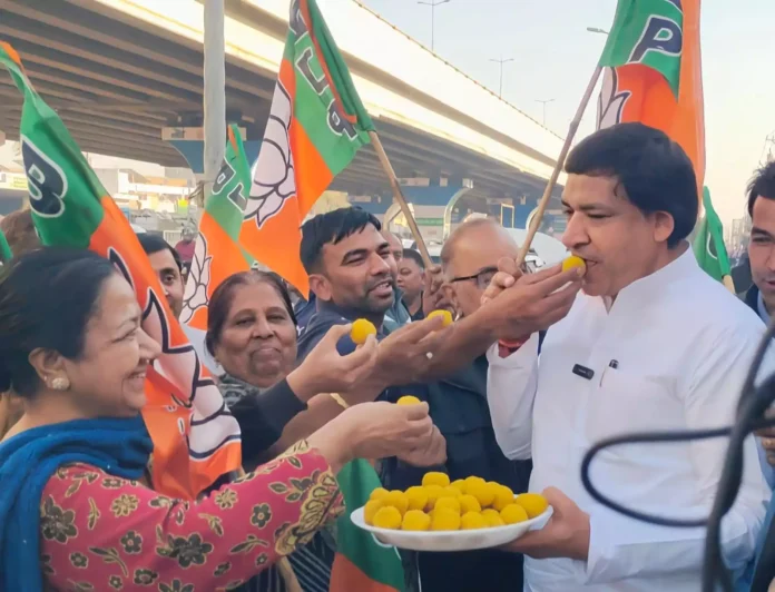 Celebration at the office of BJP leader Sanjay Aggarwal on BJP's historic victory in Delhi.